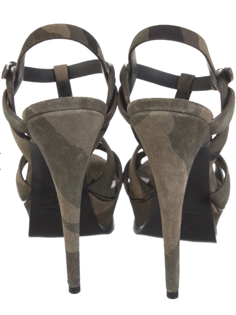 YSL Green-Brown Camouflage Suede Platform Sandals